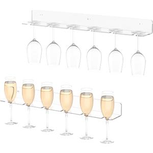Champagne Wall Holder for Party 50, Clear Acrylic Wall Mounted Wine Glass Holder, Under Cabinet Wine Glass Holder Rack (6 Glasses 2 Pack)