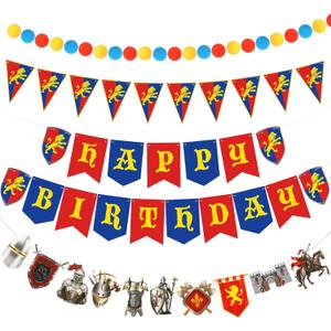 Breling 5 Pcs Medieval Party Decorations Medieval Knight Birthday Party Decorations Castle Banner Felt Ball Garland Stone Wall Armors Shield Helmets Banner Knight Supplies