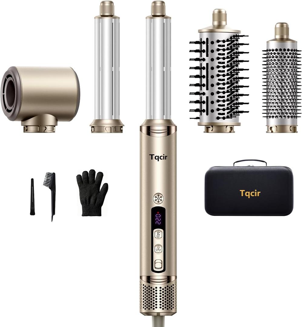 5-in-1 Professional Hair Dryer Brush, Powerful Multi-Styler with Auto-Wrap Curlers, Fast Drying Curling Straightening Volumizing Without Heat Damage, Storage Case Best Gift for Girl/Women (Gold)