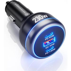 SUNDAREE 230W USB C Fast Car Charger, 3-Ports Mutiple Car Charger Adapter, Fast Charging PD140W/PPS63W/QC45W Compatible with iPhone16/15Pro/MacBook/iPad/Laptop/SamsungS24,Cigarette Lighter USB Charger