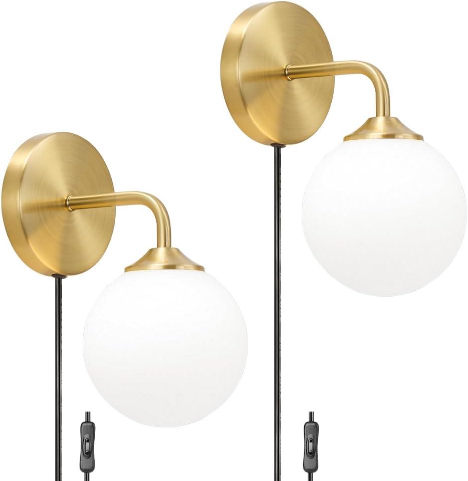 Gold Plug in Wall Sconce Set of 2, Wall Light Fixture with Plug in Cord On/Off Switch, Mid Century Art Deco Wall Lighting Fixture with Milky White Globe Glass Lampshade for Bedroom Living Room Hallway