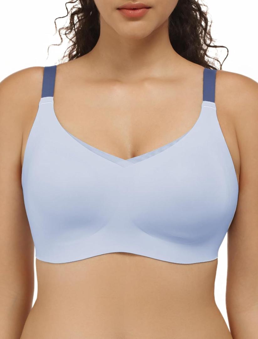 COMFELIE Women Cozy Full Coverage Wirefree Bra Smooth Seamless Bralettes with Contrast Colored Strap Slate Blue Large