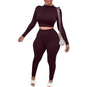 Mizoci Women's Workout 2 Piece Outfits Crop Top High Waisted Legging Pants Set Long Sleeve Track Suits Jumpsuit (Medium, Dark Chocolate)