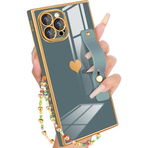 Petitian for iPhone 12 Pro Case Stand/String, Luxury Cute Women Girls Heart Electroplated Designer Phone Cases for 12 Pro, Grey Blue