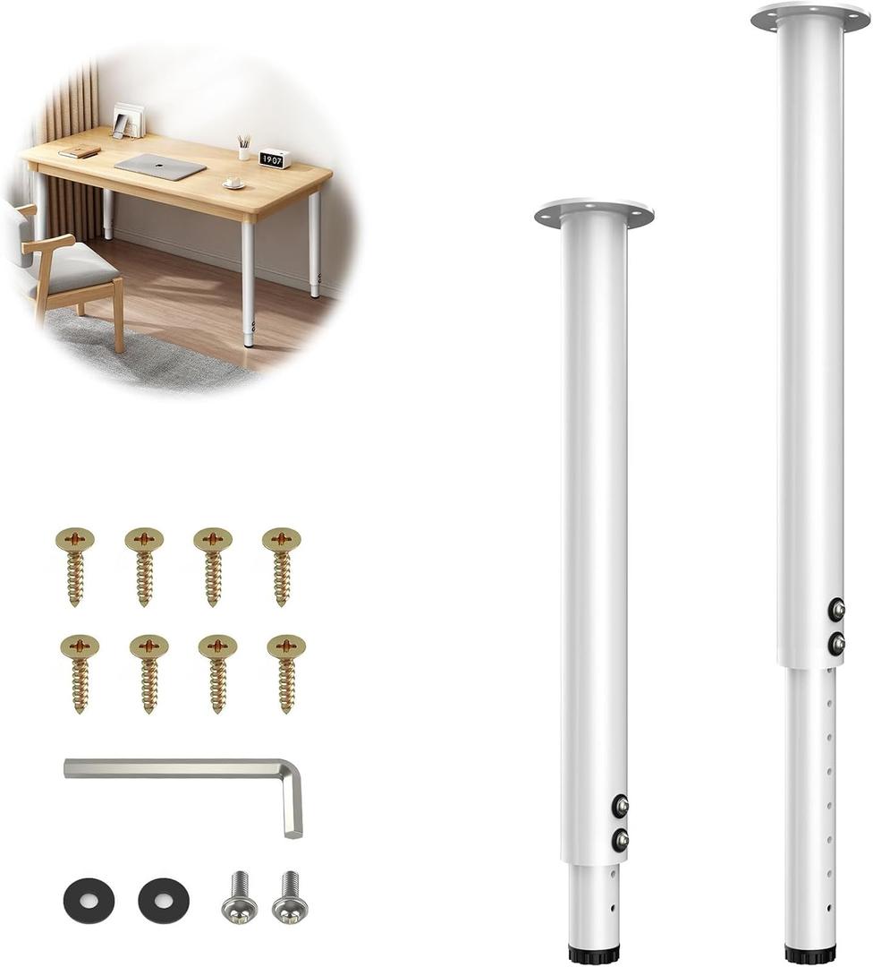 Adjustable Table Legs, Metal Adjustable Height Desk Legs, Adjustable Furniture Legs for Table Computer Desk Dining Table Office Desk(White) (2 pcs 22" -35.5")
