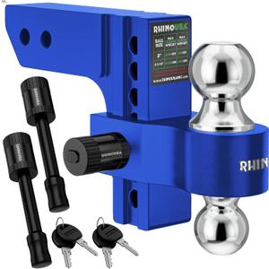Rhino USA Adjustable Trailer Hitch (Fits 2-Inch Receiver) - Heavy Duty Aluminum Tow Hitches with 6-Inch Drop/Rise for Truck (12,500 LBS GTW) - Weatherproof Double Anti-Theft Locking Hitch Pins (Blue)