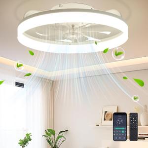 Ceiling Fans with Lights and Remote Fandelier - White 20'' Flush Mount Low Profile Modern Ceiling Fans for Bedroom - Stepless Color Temperature and 6 Speeds, White