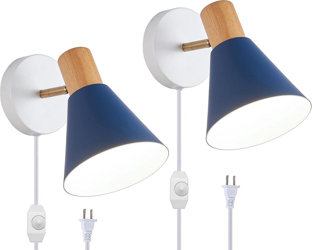Wall Sconces Lighting Set of 2 for Bedroom, Black Dimmable Wood Style Wall Sconce Reading Lamp, Adjustable Wall Light for Bedroom Hallway Living Room (Blue-Plug in, 2)