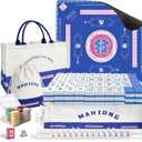 American Mahjong Tiles Set with Noise Reducing Mahjong Mat, 166 Blue Mahjong Game with Portable Storage Bags, 4 All-in-One Color Rack/ Pushers, Scoring, Plastic Coins Dices for Adults & Beginners