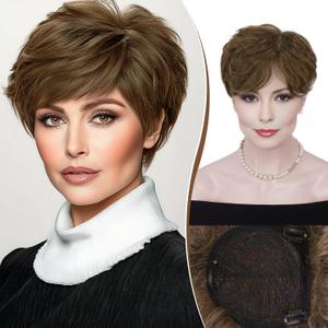 RUWISS Short Hair Toppers for Women Real Human Hair, 5x5.5 Base Pixie Cut with Bangs, Clip-In Curly Hair Pieces for Women with Thinning Hair, Brown Mixed (H6269)