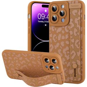 OOK Compatible with iPhone 14 Pro Max Brown Leopard Case with Wrist Strap, Leopard Cheetah TPU Shockproof Protection Slim Silicone Cover with Camera Lens Protection for Women Girls, for 6.7inch