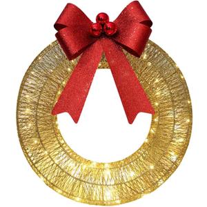 Metal Christmas Wreath Light Up Artificial Door Wreath Led Lights Christmas Wreath with Warm Lights Christmas Wreath (Golden)