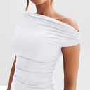 LAGSHIAN Women's Summer Off Shoulder Trendy Ruched Stretch Bodycon Cocktail Party Flare Mini Dress (White, Large)