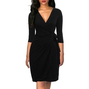 Berydress Women's Classic 3/4 Sleeve V Neck Sheath Casual Party Work Faux Black Wrap Dress (Large)