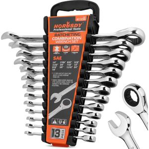 HORUSDY 13-Piece Sturdy Ratcheting Wrench Set | SAE 1/4''7/8'' | Max Torque Ratchet Combination Wrenches Set with Storage Rack | 72-Tooth | Chrome Vanadium Steel