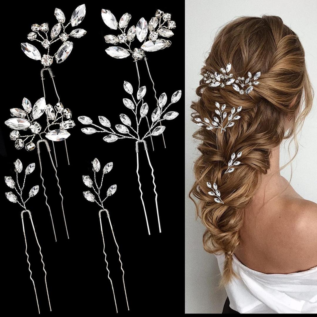 6 Pieces Bride Hair Pins Rhinestones Hair Accessories for Women Crystal Hair Piece for Wedding Bride Women Girls Bridesmaids (Silver)