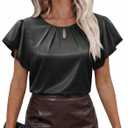 siliteelon Blouses for Women Business Casual Tops for Women Ruffle Short Sleeve Flowy Satin Silk Work Trendy Elegant Summer (Black, S)