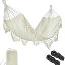 JoyView Boho Macrame Single Hammock with Hanging Ropes & Elegant Tassels 78.8x39.4 Portable Cotton Hammock for Patio Backyard Porch 300LBS Weight Capacity Perfect for Outdoor/Indoor - Beige Color