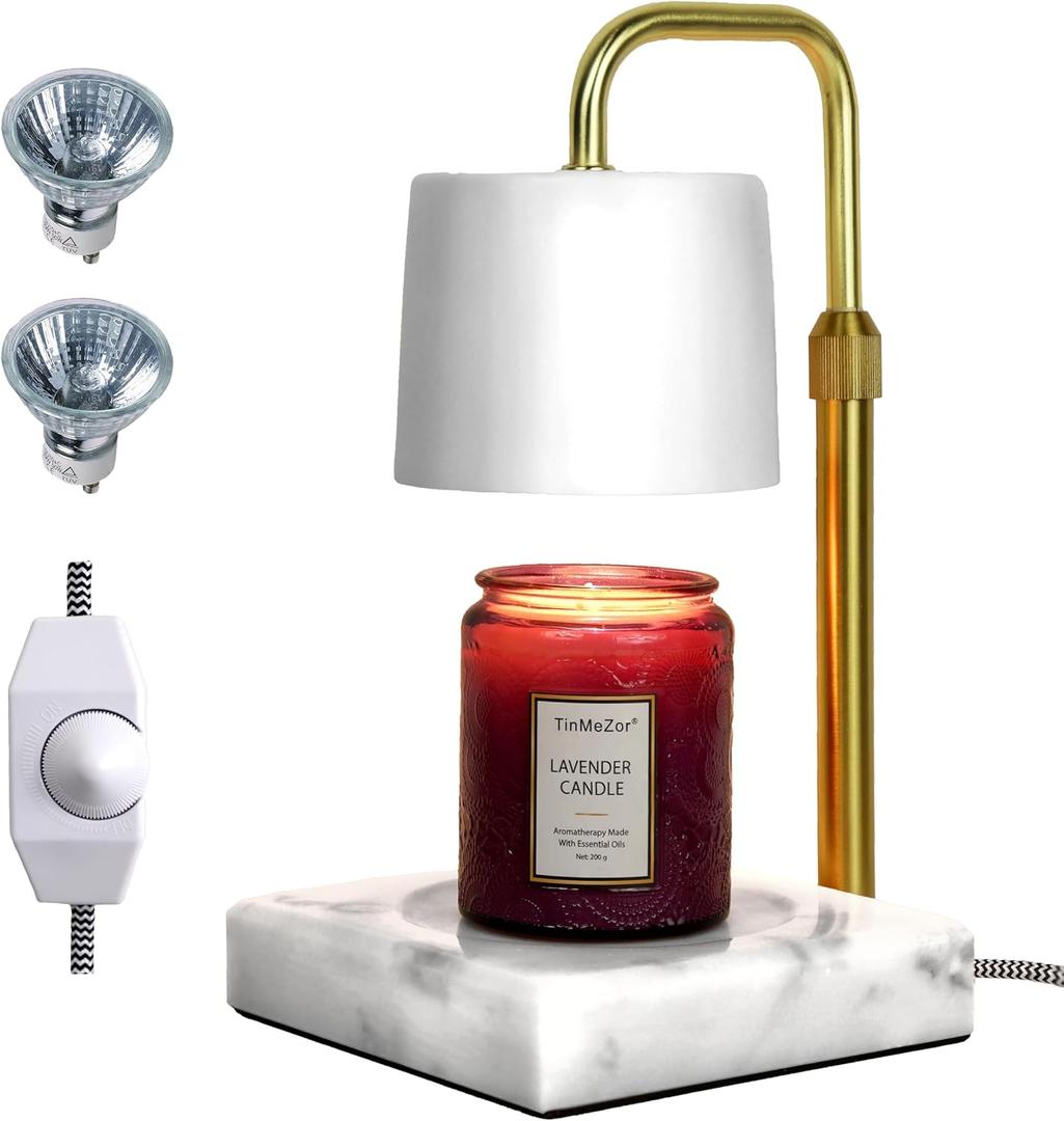 Candle Warmer Lamp, Electric Candle Lamp Warmer with Dimmer, Bedroom Home Decor Marble Base Dimmable Vintage Wax Melt Warmer for Scented Wax with 2*50W Bulbs, Aromatherapy Gifts Spa Office (White)