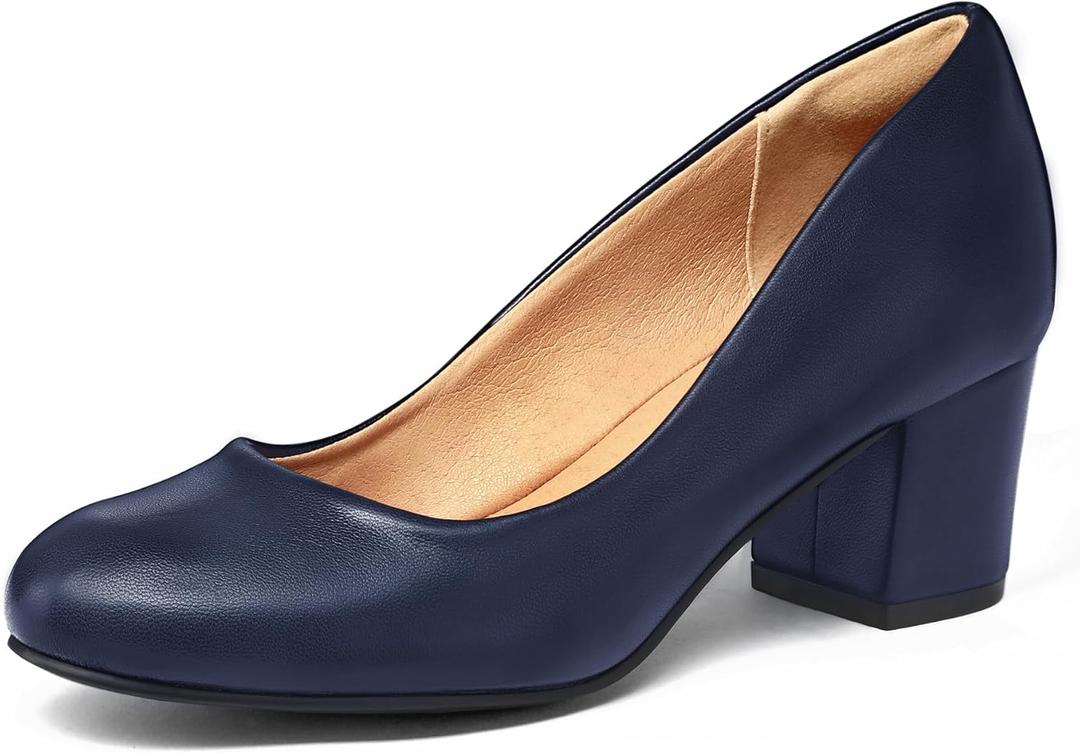 mysoft Women's Pumps Low Chunky Block Heel Round Toe Comfortable Dress Shoes (7, Navy Blue)