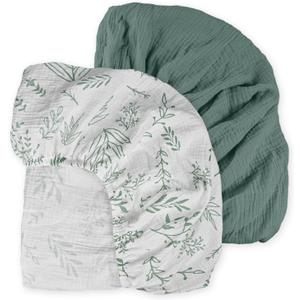 Muslin Mini Crib Sheets, 2 Pack for Baby Boy and Girl, Soft Breathable Stretchy Baby Pack N Play Mattress and Mini Cribs Sheet, Universal Fitted Portable/Mini Crib Mattresses (Natural Leaves)