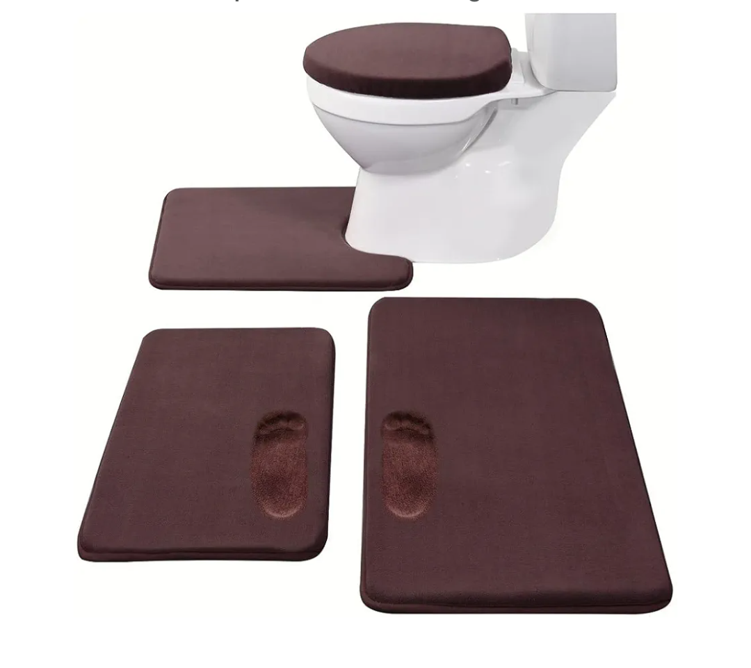 Madeals Memory Foam Bathroom Rug Set 4 Piece with Toilet Lid Cover and Mat Sets Combo, Bath Mat Set 3 Piece and U-Shaped Toilet Floor Rug Brown