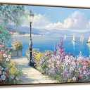 Blue Coastal Wall Art Ocean Canvas Flowers Painting Landscape Sailboat Picture White Yellow Artwork Modern Seascape Large Framed for Living Room Bedroom Home Office Decor Size 29x58 Inches