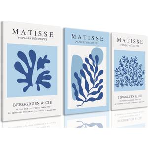 BingruiArt Blue Matisse Wall Art Canvas Boho Flower Set of 3 Minimalist Plant Leaves Painting Abstract Pictures Aesthetic Prints Home Decor for Living Room Bedroom Bathroom 12"x16" Framed