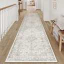 2x10 Washable Vintage Runner Rug for Living Room Bedroom Beige Grey Soft Tranditional Non Slip Runner Rug Lightweight Floral Low Pile Distressed Carpet Hallway Kitchen Bathroom Bedroom