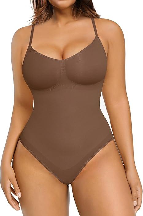 FeelinGirl Shapewear Bodysuit for Women Tummy Control Seamless Sculpting Snatched Bodysuit Body Shaper Brief (X-Small-Small, Brown)