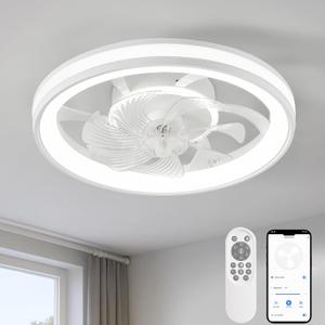 Modern Ceiling Fan with Light,19.7'' White Small Low Profile Ceiling Fans with APP & Remote Control Dimmable LED,No Assembly,6 Speed,Quiet Reversible DC Motor Fandelier for Bedroom Kitchen