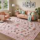 Unirea 5x7 Pink Living Room Bedroom Area Rug, Large Washable Non Slip Rug for Dining Room Under Table, Kids Room, Home Office, Thin Soft Boho Stain Resistant Insect Bug Rug, Low Pile Carpet