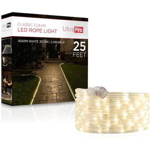 UltraPro LED Rope Lights, 25ft Classic Clear Rope, Warm White Light 3000K, Indoor/Outdoor, Flexible, Linkable, Durable, Rope Lights Outdoor, 54504