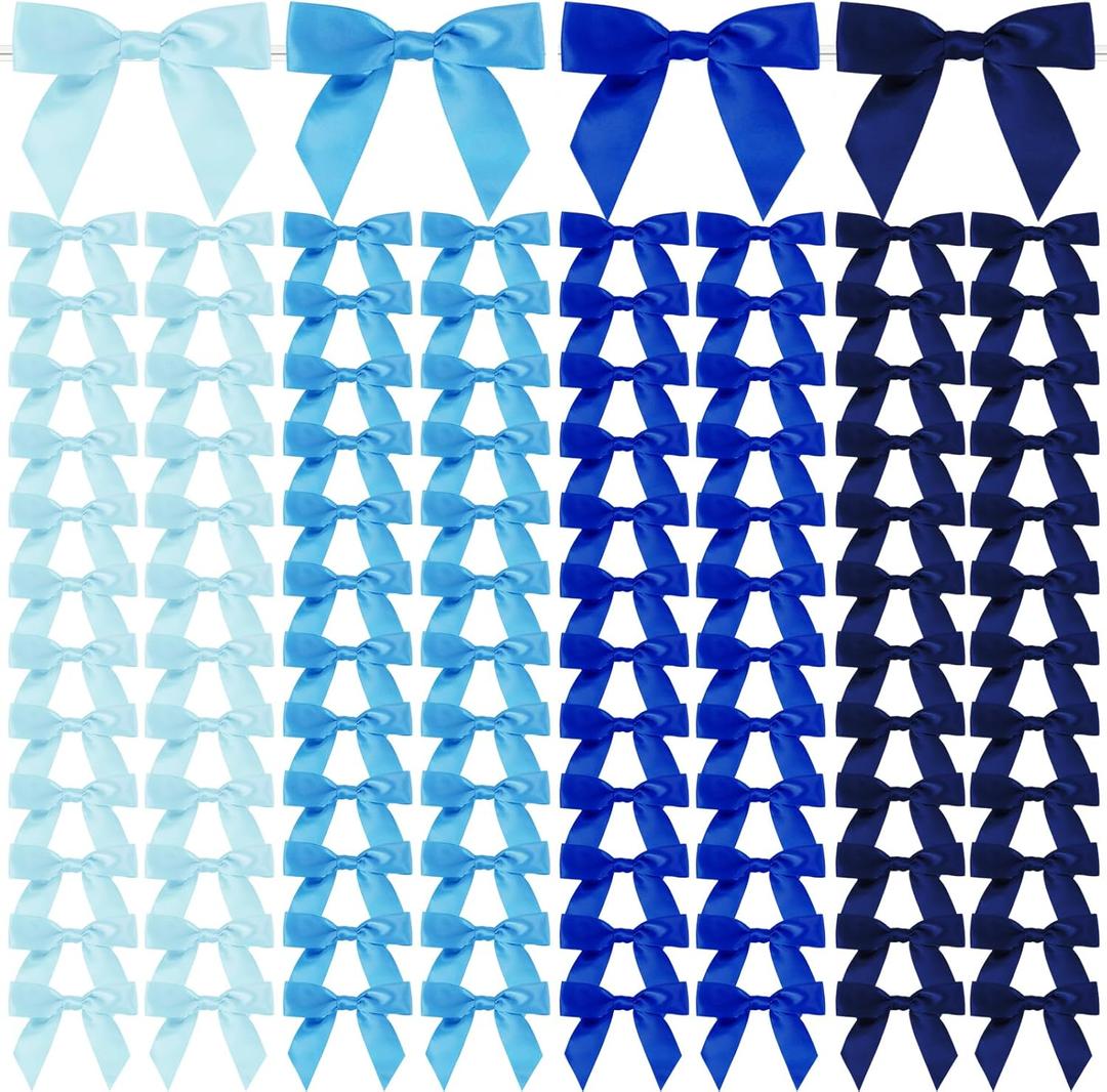 Christmas Twist Tie Bows, 100 Pcs Satin Twist Tie Bows for Treat Bag Satin Ribbon Tie Bows for Tying Up Packages Present Bags Bakery Candy Bags Decorating Ribbon Bow Gift Wrap Bows (Mix Blue)