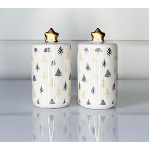 Modern Christmas Tree Salt and Pepper Shaker Set, Ceramic with Gold Stars, 3.5" x 1.75", White and Black