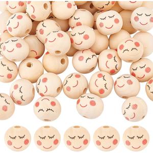 OLYCRAFT 50pcs 20mm Smile Face Wood Beads Round Wooden Beads Painted Head Bead Smiling Face Round Spacer Bead with 4.5mm Hole for DIY Crafts Hanging Decorations Jewelry Making