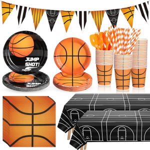FillTouch 195 Pcs Basketball Party Supplies Basketball Party Decorations Disposable Tablecloth Paper Plates Cup Napkin Plastic Fork Knives Spoon and Banner for 24 Guests Sports Birthday Decorations