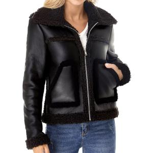 Women's Faux Shearing Moto Jacket Thick Fur Lined Coat Sherpa Leather Jacket