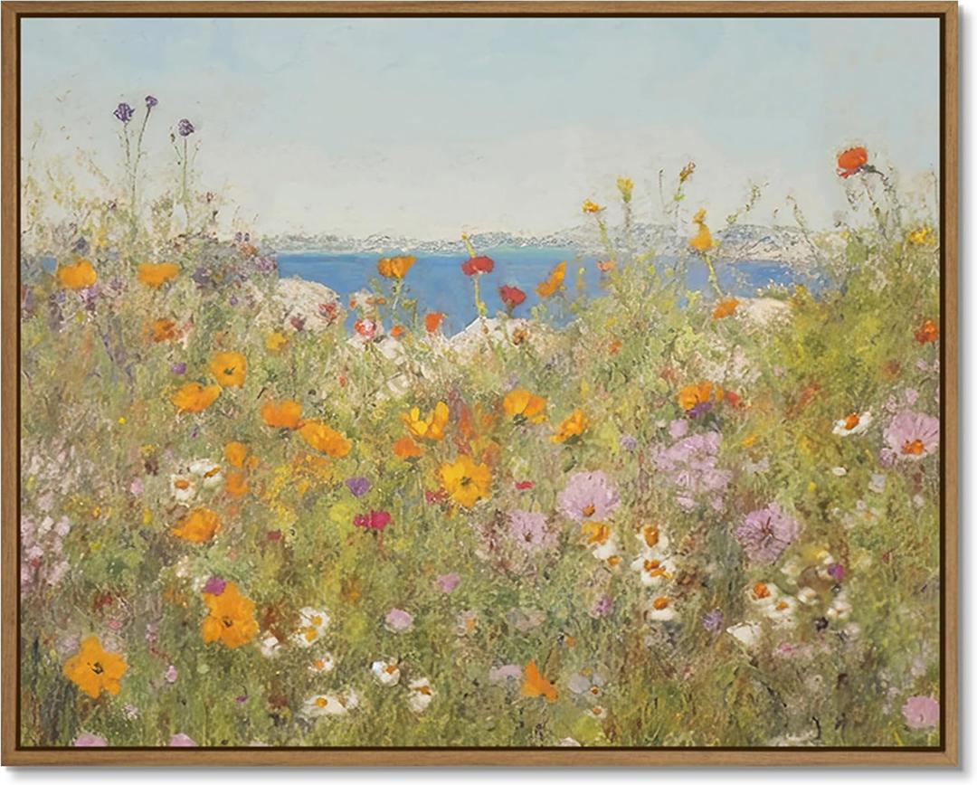 Gardenia Art Framed Wildflower Seaside Landscape Wall Art Colorful Flowers Field Painting Artwork Classical Summer Coastal Scene Pictures Decor Boho Floral Wall Decor for Bathroom Bedroom Office 12x16 (16L" x 12W")