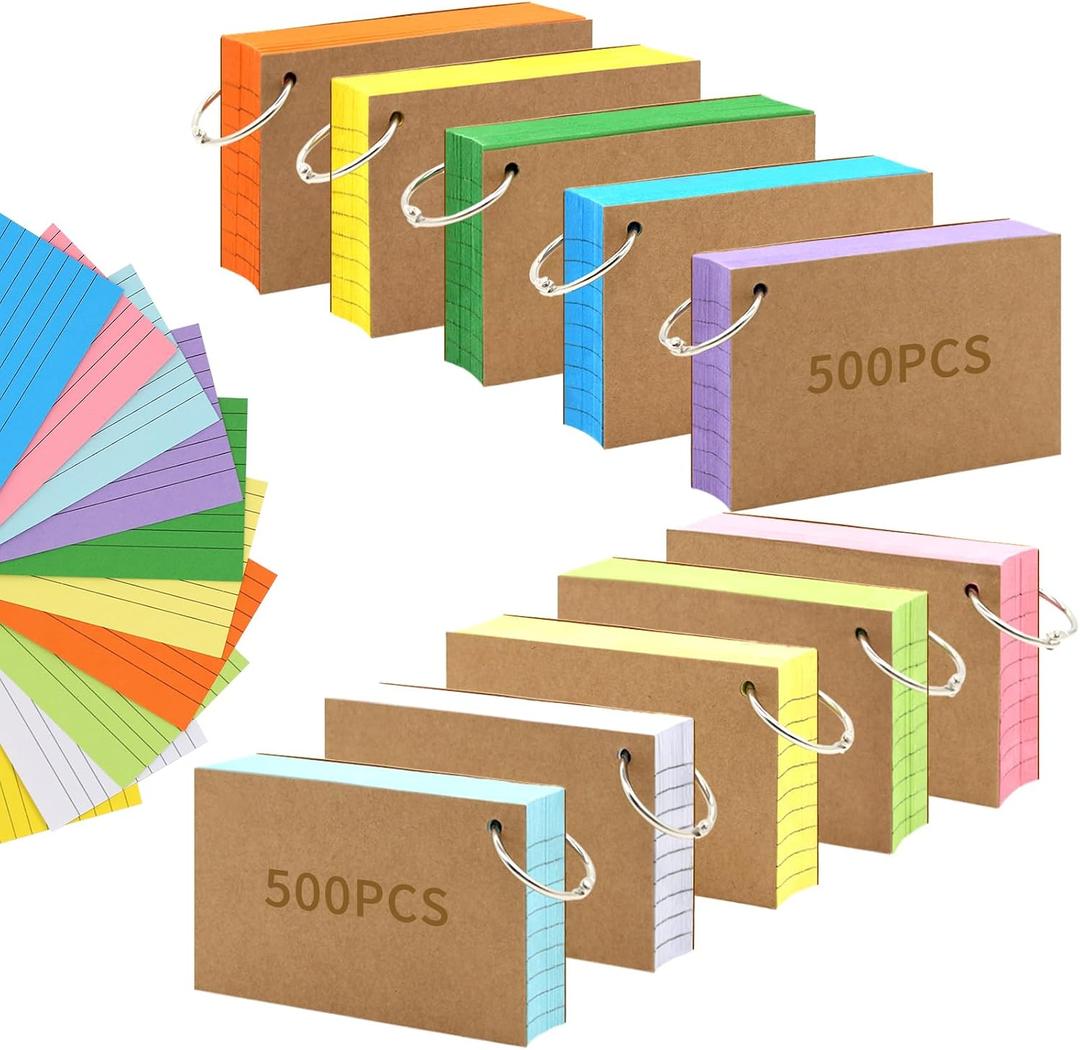 1000 PCS Index Cards 3x5 Inches Colored Flash Cards with Ring, Punched Lined Flashcards Ruled Index Cards Notecards Study Cards Heavy Note Cards for Studying, Learning, School, College, Memory