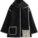 Autumn and winter women's wide sleeved cardigan jacket, scarf decoration button cardigan, woolen jacket (black,Small)