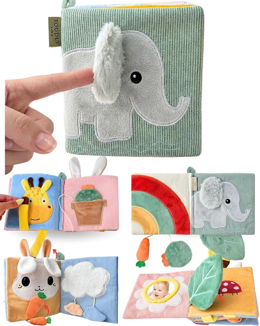 Cute Soft Baby Book with Mirror, Activities, Touch and Feel & Crinkle Pages - Interactive Sensory Cloth Toy for Babies 0-6, 6-12 & 12-18 Months - Adorable Animal Themes for Early Development