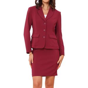 Allegra K Women 2 Piece Skirt Set Suit Business Blazer and Pencil Skirt Office Work Interview Church Outfits (Wine Red, Large)