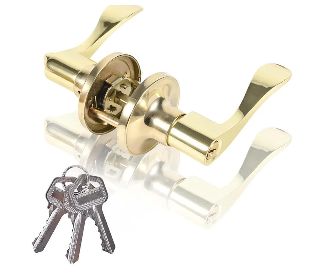 High-Security Stainless Steel Door Handle with Lock and Key, Door Lever for Bedroom, Bathroom and Rooms(Gold)