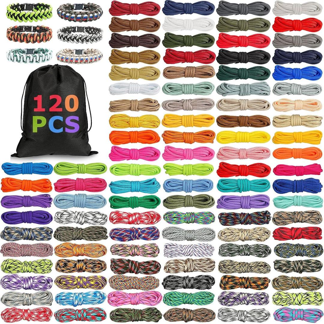 Riakrum 120 Pcs Paracord Rope 550 10 Feet Multifunction Paracord Cord Parachute DIY Bracelets Making Kit with Drawstring Bag for Christmas Making Lanyard Dog Collar Gift(Bright Colors)