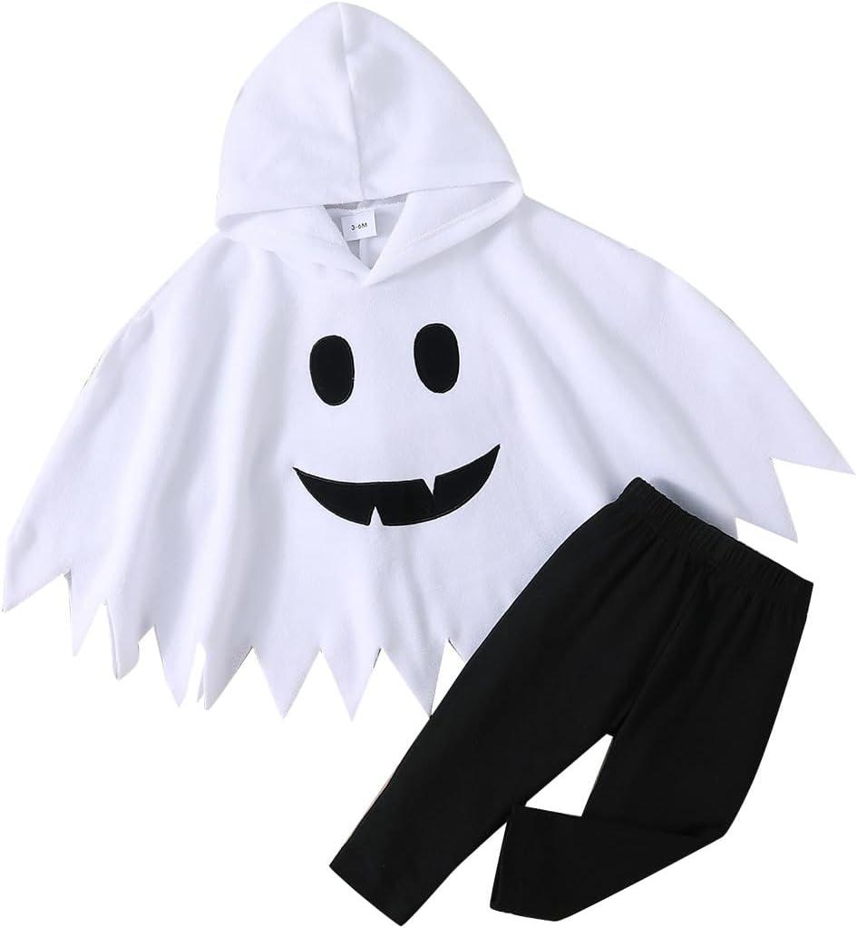 Noubeau Toddler Baby Boys Girls Halloween Costume Ghost Cloak Hooded Top Black Pants Boo Spooky Ghost Costume Cosplay Clothes (2-3 Years, White)