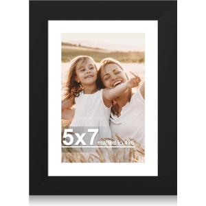 Hongkee 5x7 Picture Frame with Glass, Display Pictures 4x6 with Mat or 5 x 7 without Mat - Wall and Tabletop, 5 by 7 Photo Wooden Frames (Black, 1 Pack)