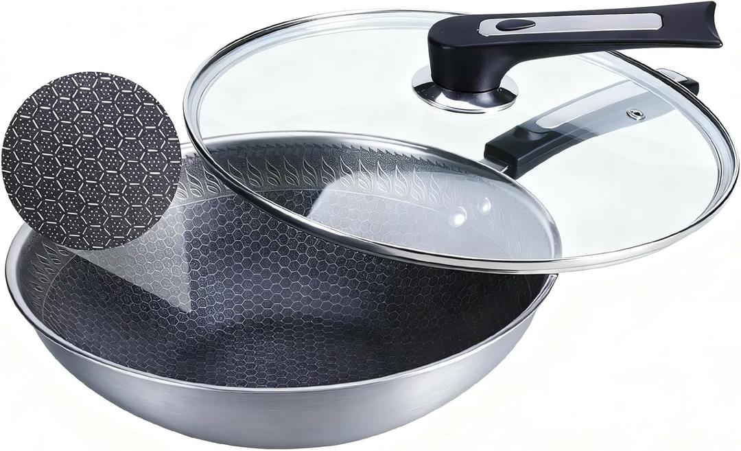 13 Inch Nonstick Frying Pan,Stainless Steel Frying Pan, Skillet with lid Suitable for Induction,Ceramic,Gas Cooktops and Ovens