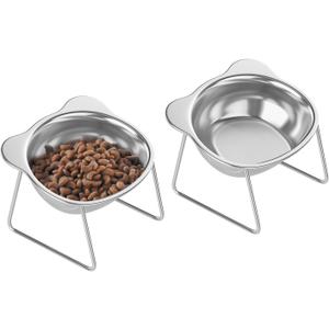 Stainless Elevated cat Bowls 5.9 Inch with Metal Stand Slip Resistant Base 15 Degrees Tilted Raised Pet Dishes Double Bowl Design Food and Water Dish for Cats Kitten Small Dog (2 Pack Raised Bowls)