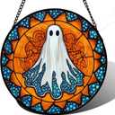 Stained Glass Window Hanging - Halloween Decorations White Ghost Suncatcher for Doors Garden Indoor Spooky Funny Blue Sun Catchers Gothic Decor Horror Gifts for Women Men Friend 7.8 in